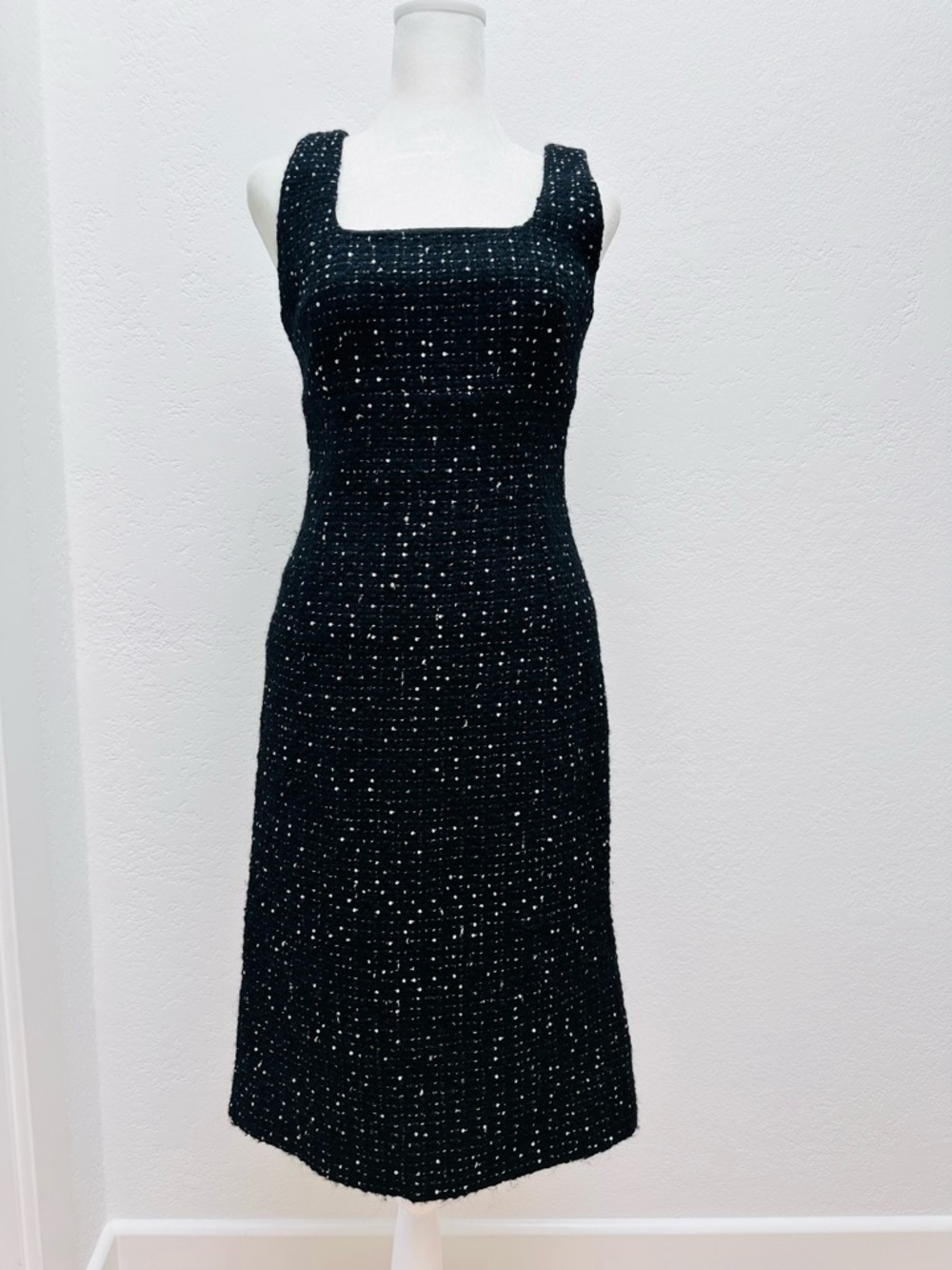 Square-Neck Black Tweed Midi Dress